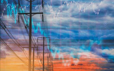 Elektrik direği ve renkli gökyüzü arka plan olarak hisse senedi grafiği. Hisse senetleri ve enerji işletmeler içinde geniş çaplı çarşı volatilite kavramı ile.