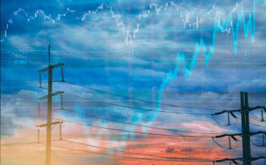 Elektrik direği ve renkli gökyüzü arka plan olarak hisse senedi grafiği. Hisse senetleri ve enerji işletmeler içinde geniş çaplı çarşı volatilite kavramı ile.