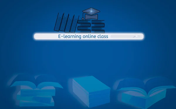 screen interface search engine button to find e-learning, with book icon and hat,Background isolated blue and Book Stack,concept of online and internet literacy education with boundless education