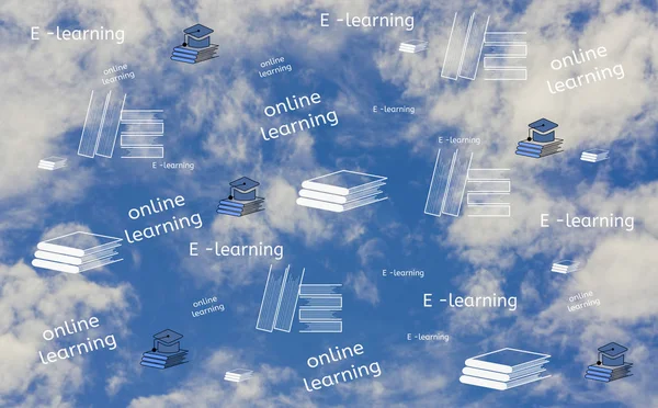 Find online and e-learning, with book and hat icon, Background is sky, concept freedom of online and internet literacy education with boundless education