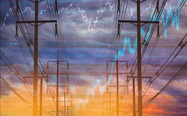 Elektrik direği ve renkli gökyüzü arka plan olarak hisse senedi grafiği. Hisse senetleri ve enerji işletmeler içinde geniş çaplı çarşı volatilite kavramı ile.