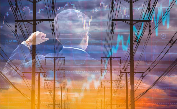 Double exposure Rear view of businessman,electric pole, and sky stock graph background,concept of volatility stocks and energy businesses in global market.