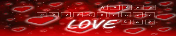 白い正方形のブロック ダークウッドのテーブル バレンタインデーの概念および Web テキスト コピー領域に製品を配置したりするために空の水平方向のバナー 背景のボケ味を持つ愛赤いハート ハート — ストック写真