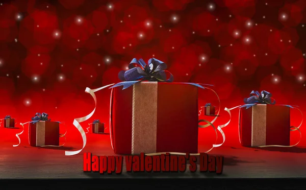 Happy Valentine Day Gift Red Box Wood Table Blurred Bokeh — Stock Photo, Image