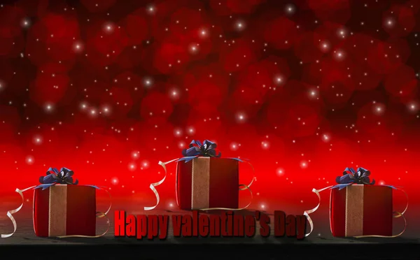 幸せのバレンタインの日 木のテーブルやぼけボケと愛の祭りを祝って概念の闇に光輝く背景に赤いギフト ボックス — ストック写真