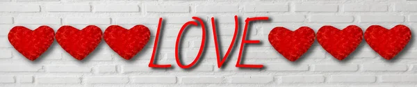 Red Hearts Text Love White Brick Wall Background Valentine Day — Stok Foto