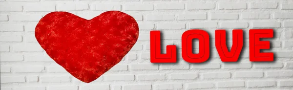Red Hearts Text Love White Brick Wall Background Valentine Day — Stok Foto