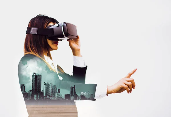 Double exposure-Future VR headsets,women business in suits using fingers experience best technology modern innovations,isolated white background,concept virtual worlds simulating new imaginations