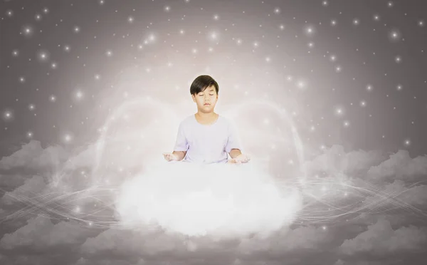 Boy White Clothes Sitting Meditation Pure Spirit Calm Clouds Floating — Stock Photo, Image