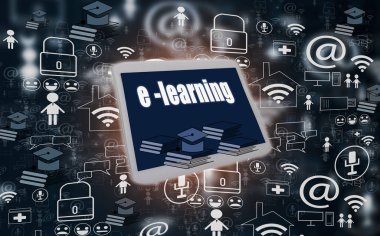 Tablet ve simgeler siyah arka plan, illüstrasyon yaratıcı tasarım, konsept sosyal medya öğrenmek ve AI (yapay zeka ile gelecek bilgi ile E-öğrenme ve çevrimiçi eğitim)