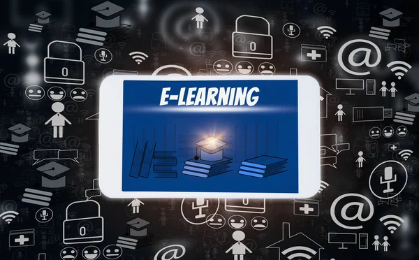 Learning Educação Line Com Tablet Ícones Mídia Social Fundo Preto — Fotografia de Stock