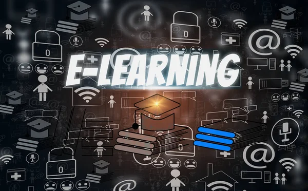 E-learning e educação on-line, com ícones de mídia social em blac — Fotografia de Stock