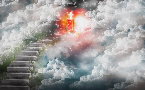 Spiritual Walk to Heaven With stairs leading straight into red d — Stock Photo, Image