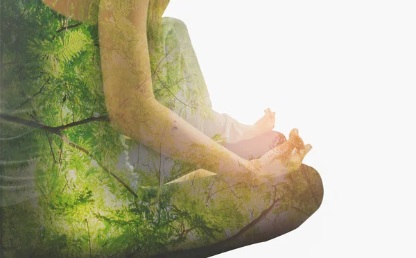 Double exposure-tranquility yoga woman meditation to purify mind — Stock Photo, Image