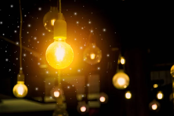 Retro hanging light bulb glowing,innovative concept development — Stock Photo, Image