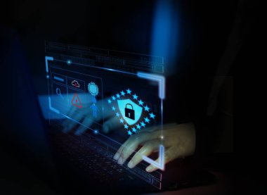 Arka plan simgesi ikili, shiel ile Hacker saldırı dizüstü bilgisayar