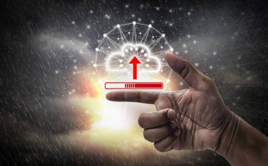 Bulut ve ağ simgesi elinizi ileri, bulutlu gökyüzü torbasını işaret ediyor