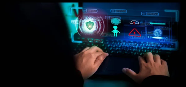 Hacker attack laptop computer,background icon binary,shield and