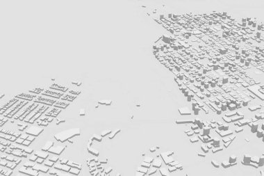 Hava görüşü-soyut fütüristik mega şehir manzarası ve metropol, mimari yapı ve gökdelen, resim 3D resimleme, izole edilmiş beyaz zemin, modern şehir ve teknoloji kavramı