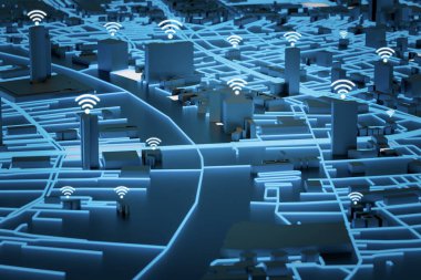 Hava görüşü - modern metropolün gelecekteki manzarası ve gece mimarisi, ve akıllı şehir, Wi-Fi ağı ile kablosuz teknoloji ile kontrol ediliyor, orijinal 3D resimleme