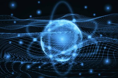 Nesnelerin interneti, şebeke ve nokta, çokgen bağlantı iletişimi, yapı molekülü, dünya hologramı, parlayan mavi ve koyu renk ışık arkaplanı ile gelecekteki dijital ağ teknolojisi kavramı
