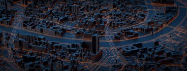 Hava manzaralı modern metropol ve gece mimarisi, akıllı şehir, teknoloji kablosuz, 3D resimleme, pankart başlığı panoramik, izole edilmiş siyah arkaplan