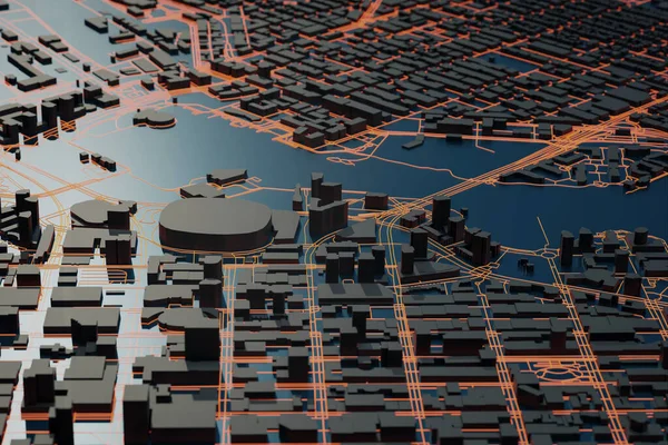 Hava görüşü - modern metropolün gelecekteki manzarası ve gece mimarisi, ve akıllı şehir, Wi-Fi ağı ile kablosuz teknoloji ile kontrol ediliyor, orijinal 3D resimleme