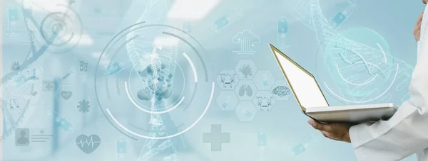 Doktor ya da bilim adamı dizüstü bilgisayar analizi DNA yapı molekül zinciri, konsept tıbbi ve genetik, 3D resimleme, bilim biyoteknoloji insan hücresi biyokimya laboratuvarında