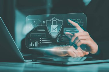 Şifreli şifre erişimi olan bir sonraki nesil siber güvenlik arayüzü kullanıcı kimlik doğrulaması gösteriyor. profesyonel dijital sistemlerde güvenli giriş ve kimlik doğrulaması için holografik görüntü kullanır.