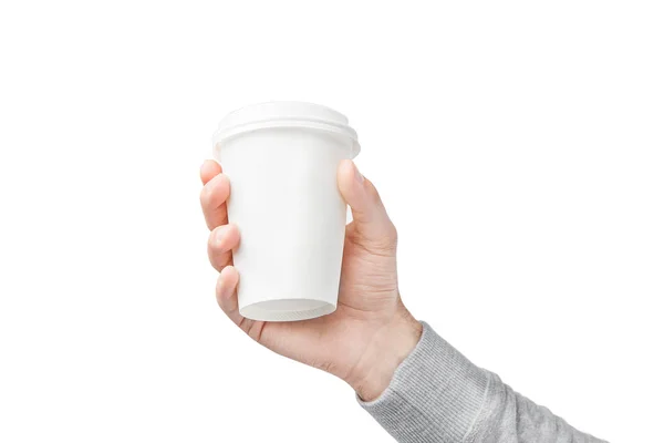Een Papieren Kopje Koffie Hand Witboek Kopje Koffie Hand Voor — Stockfoto