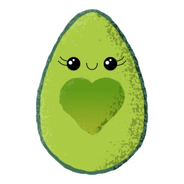 Vektör çizim dokulu bir avokado yarım nerede pip kaldırıldı kalp şeklinde ve kirpik ile mutlu sevimli kawaii yüz izole.