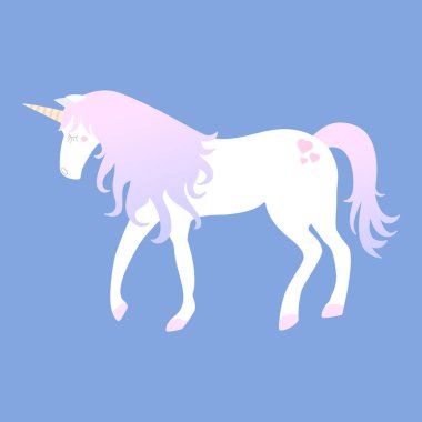 Vektör çizim üzerinde mavi bir arka plan degrade bir pembe ve mor mane olan beyaz bir at. Büyük tebrik kartları ve yatak odası dekor.