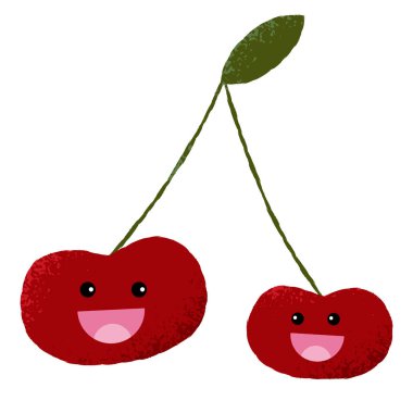 Vektör çizim kök karakteri ile mutlu yüzler üzerinde iki izole kiraz dokulu.