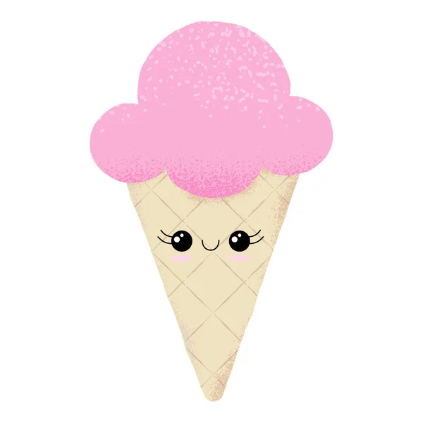 一个孤立可爱的粉红色冰淇淋圆锥字符的纹理矢量插图与快乐的脸 睫毛和脸颊 — 图库矢量图片