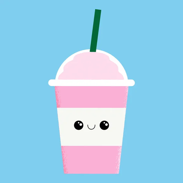 一个孤立可爱的粉红色草莓奶昔性格与绿色的稻草和快乐的脸的纹理矢量插图 — 图库矢量图片