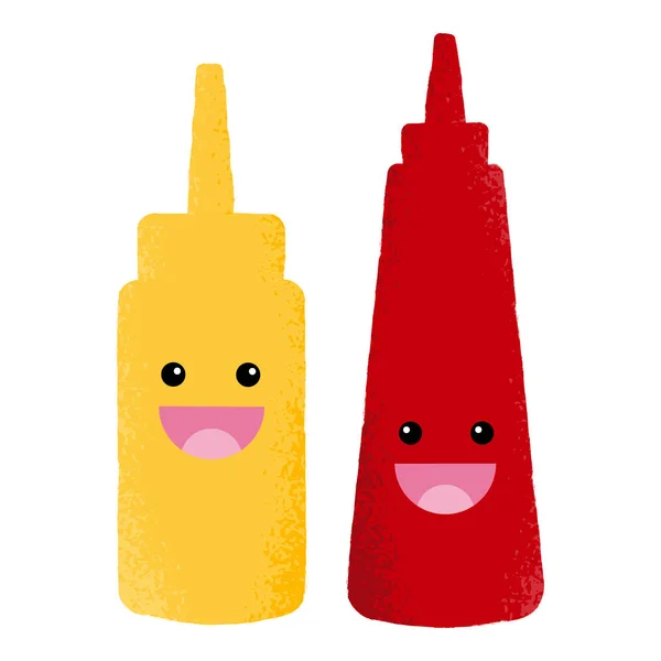 Ilustración Vectorial Texturizada Personajes Aislados Mostaza Botella Ketchup Con Caras — Archivo Imágenes Vectoriales