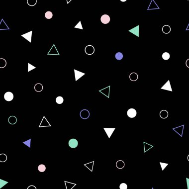 Memphis seamless modeli. Trendy vektör desen siyah bir zemin üzerine parlak geometrik şekiller. Vektör çizim.