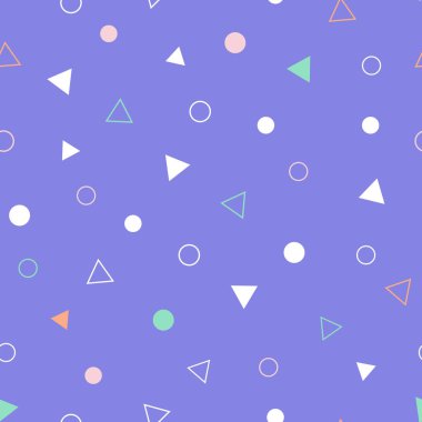 Memphis seamless modeli. Trendy vektör desen parlak mor arka plan üzerinde parlak geometrik şekiller. Vektör çizim.