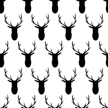 Vektör seamless modeli ile boynuzları beyaz bir arka plan üzerinde siyah geyik başkanları. Tek renkli desen kumaş ve duvar kağıdı için harika.