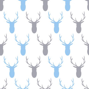 Vektör pastel mavi ve gri geyik kafaları beyaz zemin üzerine boynuzları ile seamless modeli. Harika çocuk odası dekorasyonu, çocuk kumaş ve duvar kağıdı.