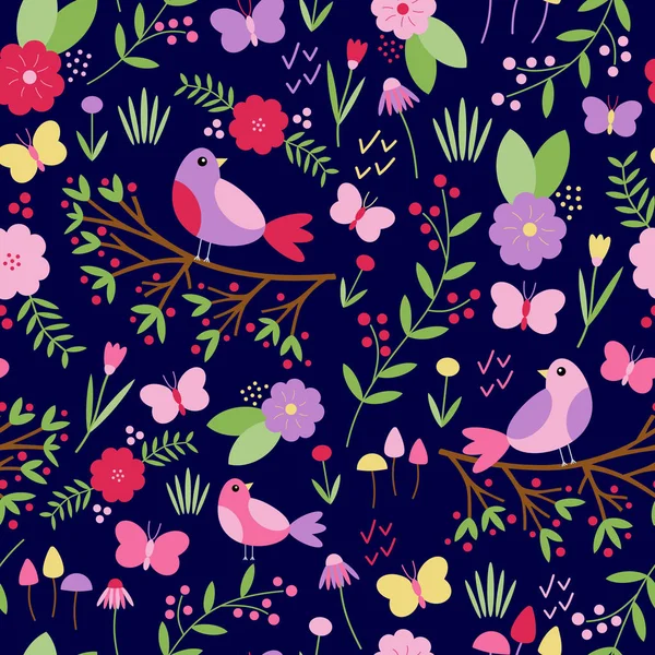 Patrón Sin Costuras Vectorial Coloridas Aves Ramas Mariposas Flores Hojas — Archivo Imágenes Vectoriales