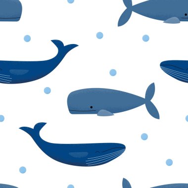 Vektör seamless modeli dokulu sperm balinaları ve kambur balinalar ve kabarcıklar. Harika çocuk dekor, ambalaj kağıdı, ev tekstili, dizüstü kapsar.