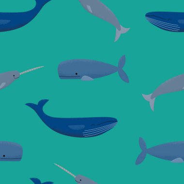 Vektör seamless modeli dokulu sperm balinaları ve kambur balinalar yeşil bir arka plan üzerinde. Harika çocuk dekor, ambalaj kağıdı, ev tekstili, dizüstü kapsar.