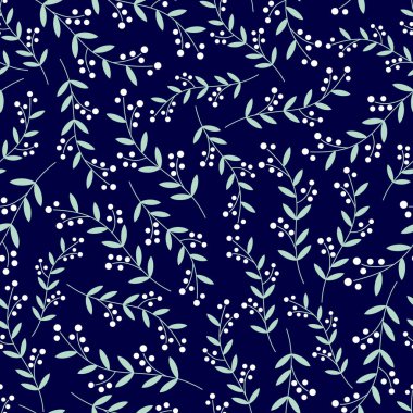 Nane yeşili sarmaşıklar ve lacivert bir arka plan üzerinde beyaz çilek ile yaprakları vektör seamless modeli. Büyük tekstil, hediye paketi, yatak örtüleri, tekstil, ileti örneği tasarımı, öğeleri Bahçe için.