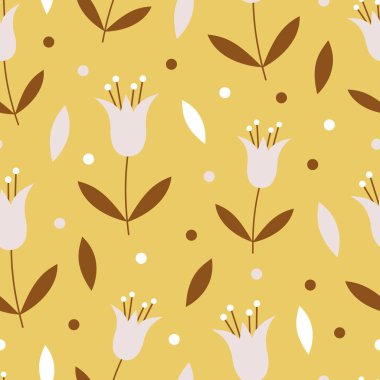 Vektör seamless modeli pembe ve kahverengi çiçek ve yaprakları sarı hardal bir arka plan üzerinde. Büyük tekstil, Bahçe ürünleri, Çocuk Tekstil için.