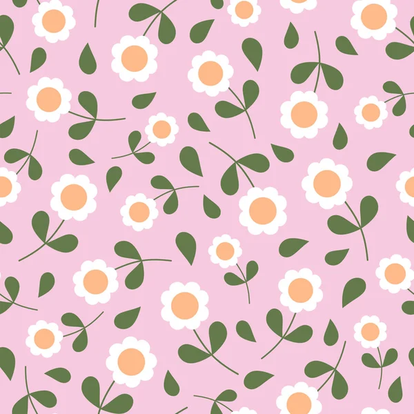 Vector Seamless Pattern Retro Geometric Daisies Pink Background Great Wrapping — Stock Vector