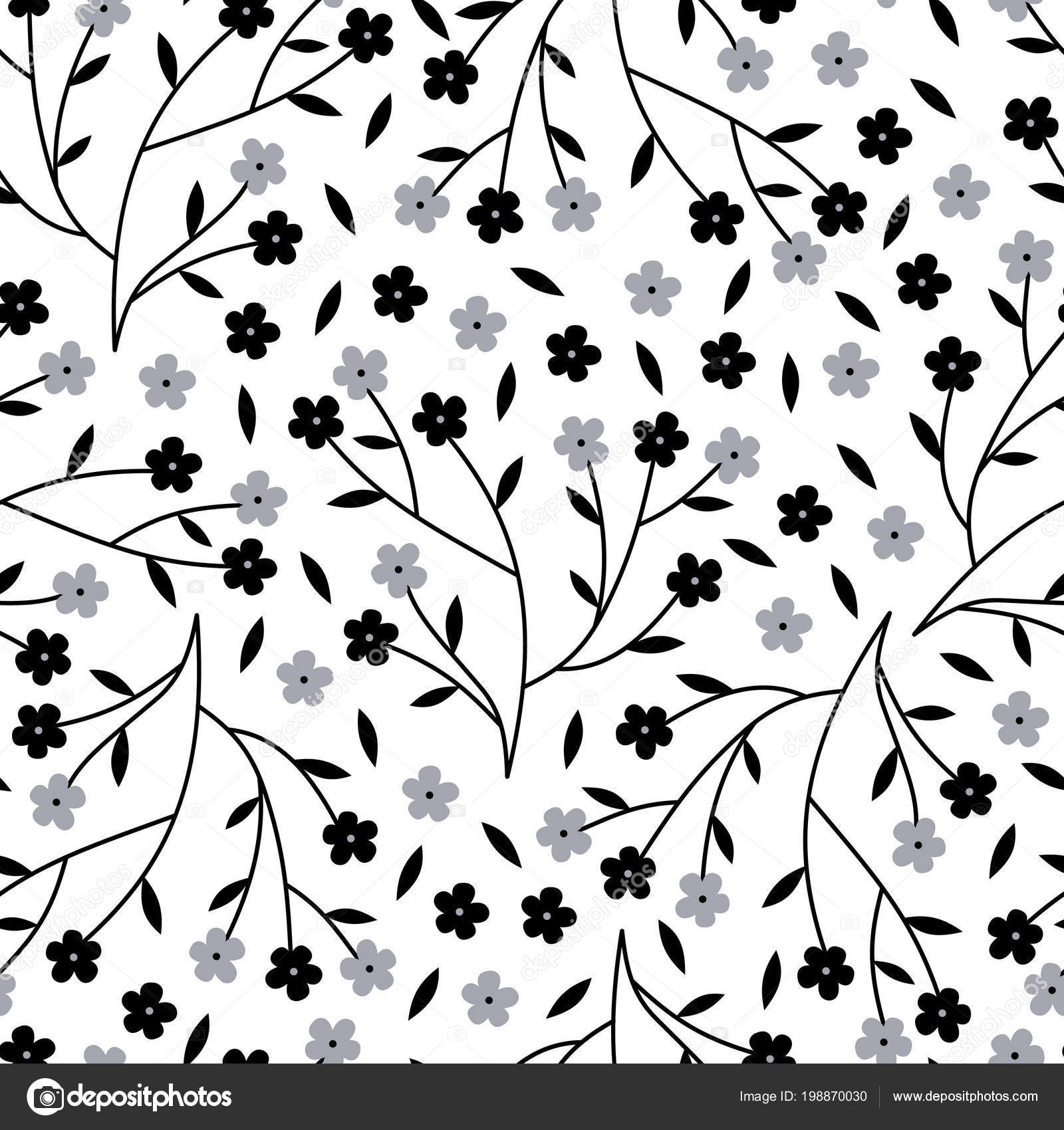 Vector Seamless Pattern Black Grey Tiny Ditsy Cherry Blossom Trees