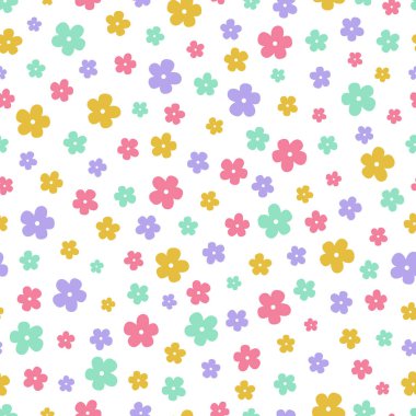 Vektör seamless modeli pembe, mor, hardal sarı ve nane yeşil beyaz bir arka plan üzerinde küçük kafe yazdırma çiçek dolu. Büyük terzilik kumaş, yatak odası dekorasyonu ve duvar kağıdı için.