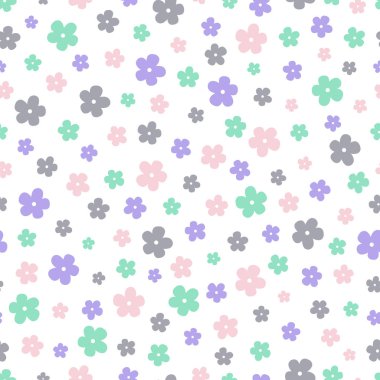 Vektör seamless modeli pembe, gri, mor ve nane yeşil beyaz bir arka plan üzerinde küçük kafe yazdırma çiçek dolu. Büyük terzilik kumaş, yatak odası dekorasyonu ve duvar kağıdı için.