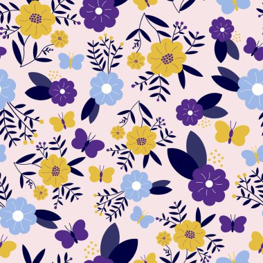 Çiçekler, yapraklar, çilek ve kelebekler hafif pembe bir arka plan üzerinde vektör seamless modeli. Terzilik kumaş ve yatak odası dekorasyonu için büyük.